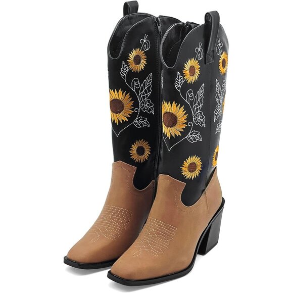 Nzzoo Western Boots Women Black Cowboy Wide Mid Calf Cowgirl Shoes - Picture 5 of 7